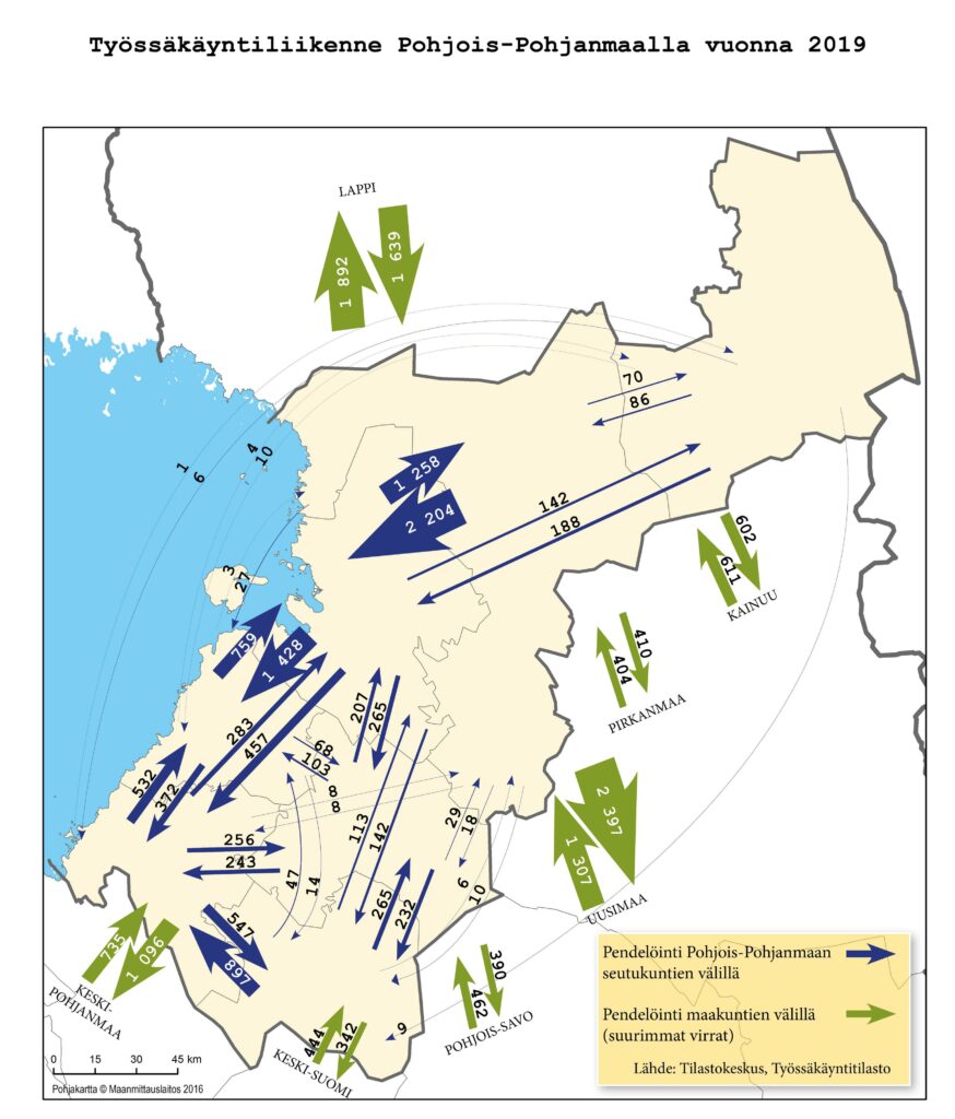 Pohjois-Pohjanmaan seutujen välinen pendelöinti ja isoimmat pendelöintivirrat muihin maakuntiin. Viraat selitetty tekstissä