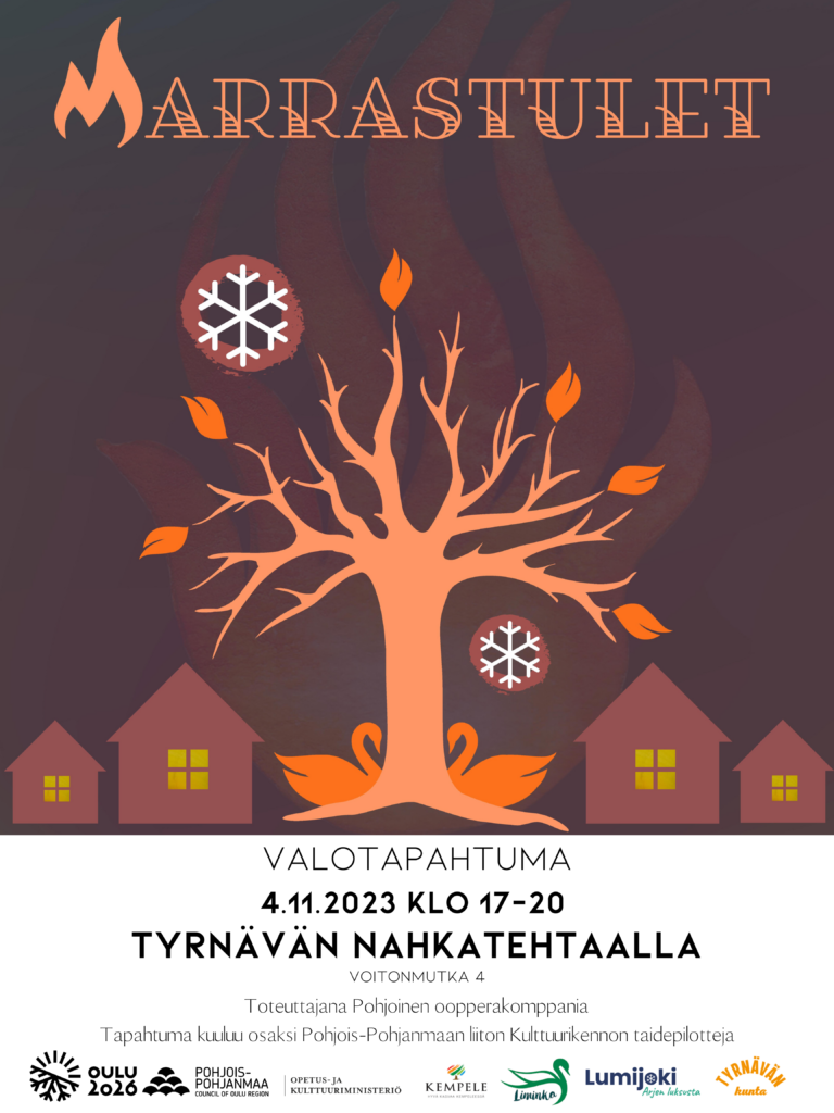 Marrastulet juliste, jossa taustalla Harri Rauhanummen suunnittelema Marrastulet-logo ja tekstinä Marrastulet 4.11. Tyrnävän Nahkatehtaalla klo 17-20, voitonmutka 4, toteuttajana Pohjoinen oopperakomppania. Pohjoispohjanmaan liiton Kulttuurikenno -hanbke. Rahoittajana Opetus- ja kulttuuriministeriö.