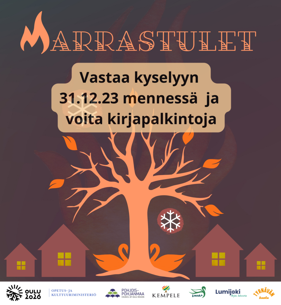 Marrastulet tapahtuman ilmoitus, jossa elementit jokaisesta neljästä kunnasta Limingasta, Tyrnävältä, Lumijoelta ja Kempeleestä. 