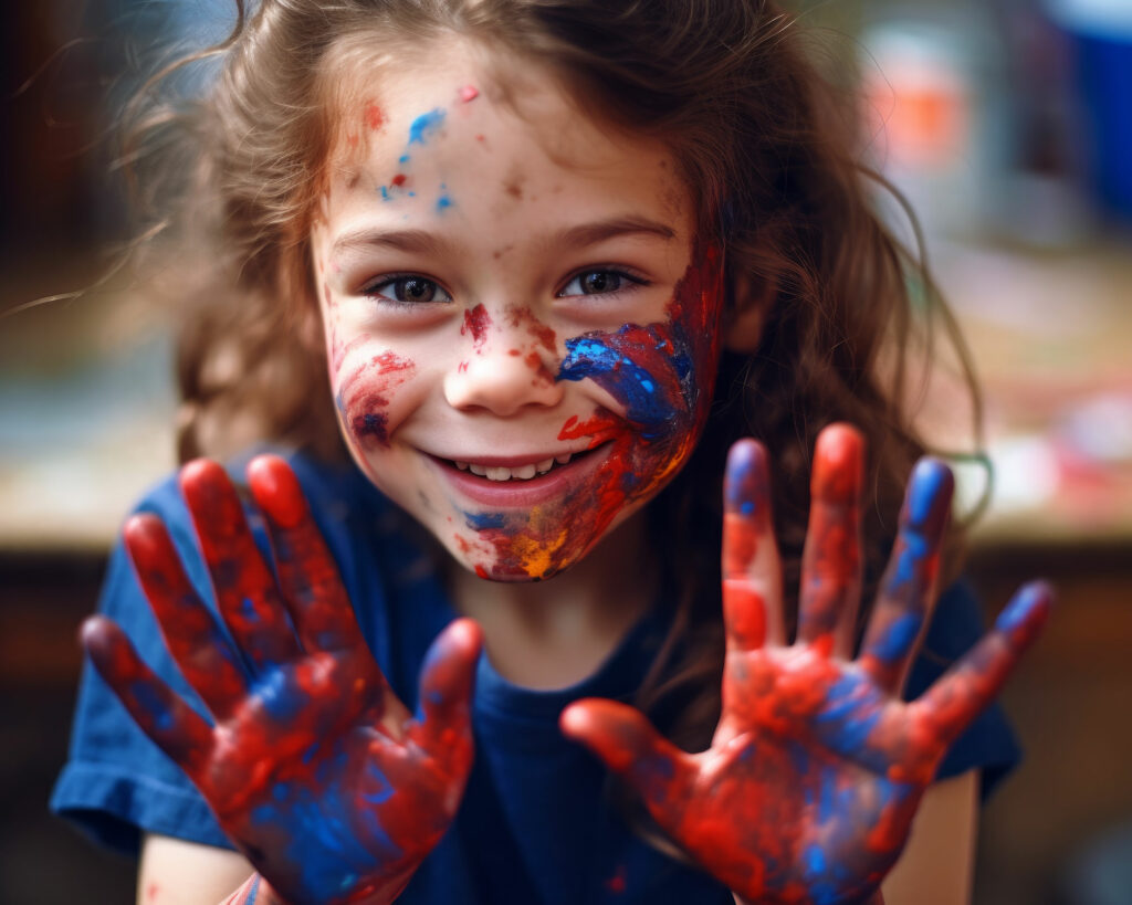 Kuvassa naurava tyttö näyttää punaisella ja sinisellä maalattuja käsiään. Myös kasvoissa on väriä.