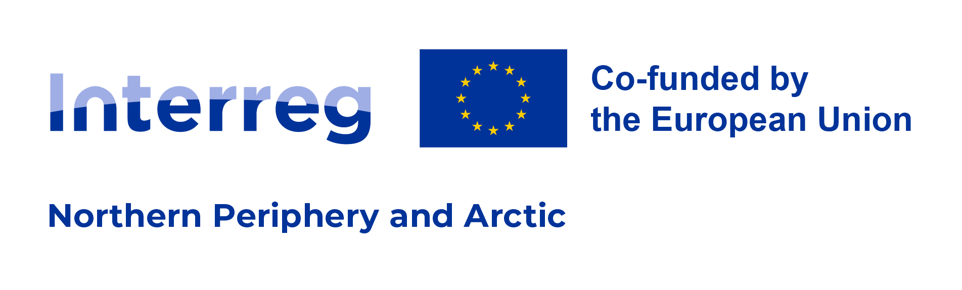 Sinivalkoinen logo, jossa on EU-lippu ja teksti Interreg - Northern Periphery and Arctic. Co-funded by the European union.