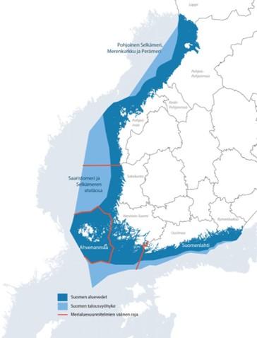 Merialuesuunnniitelun alueet ja niistä vastaavat maakuntien liitot.